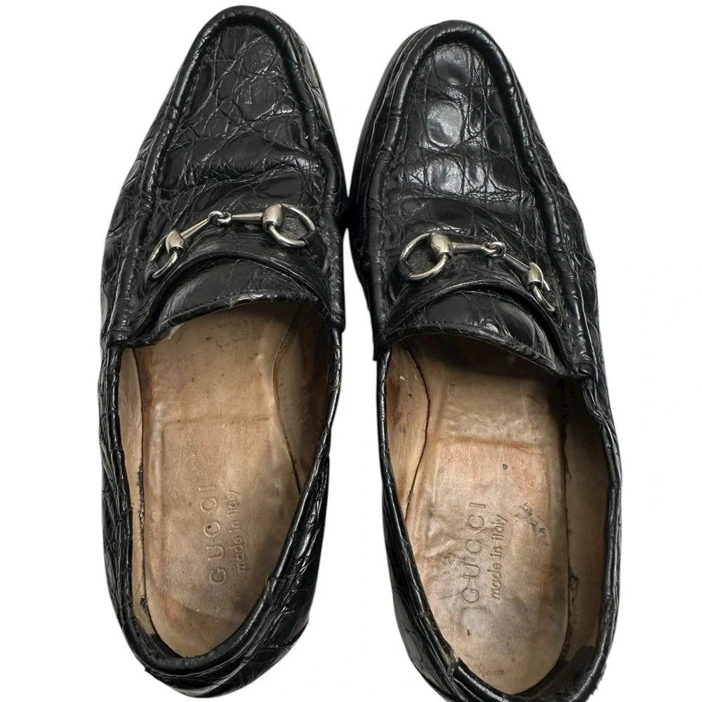 Gucci Black Crocodile Leather Loafers with Silver Detail, size 9